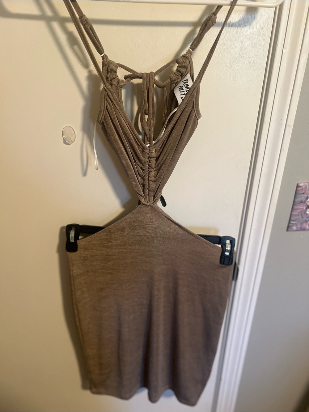 Princess Polly Taupe Halter Cut-Out Rouched Mini Dress - Size US 6